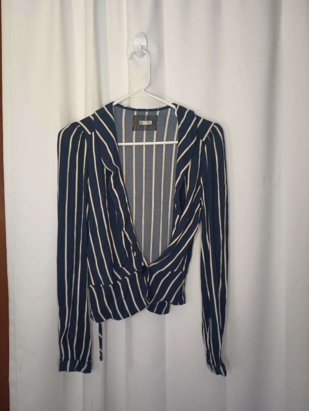 Reformation Opal Striped Wrap Top M Navy Ruffle Parisian Nautical Editorial